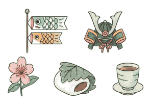 5月といえば？塗り絵イラスト カラー見本 鯉のぼり・兜・桜・柏餅・新茶 無料ダウンロード フリー画像素材