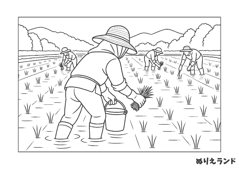 ６月の田植え風景の塗り絵イラスト