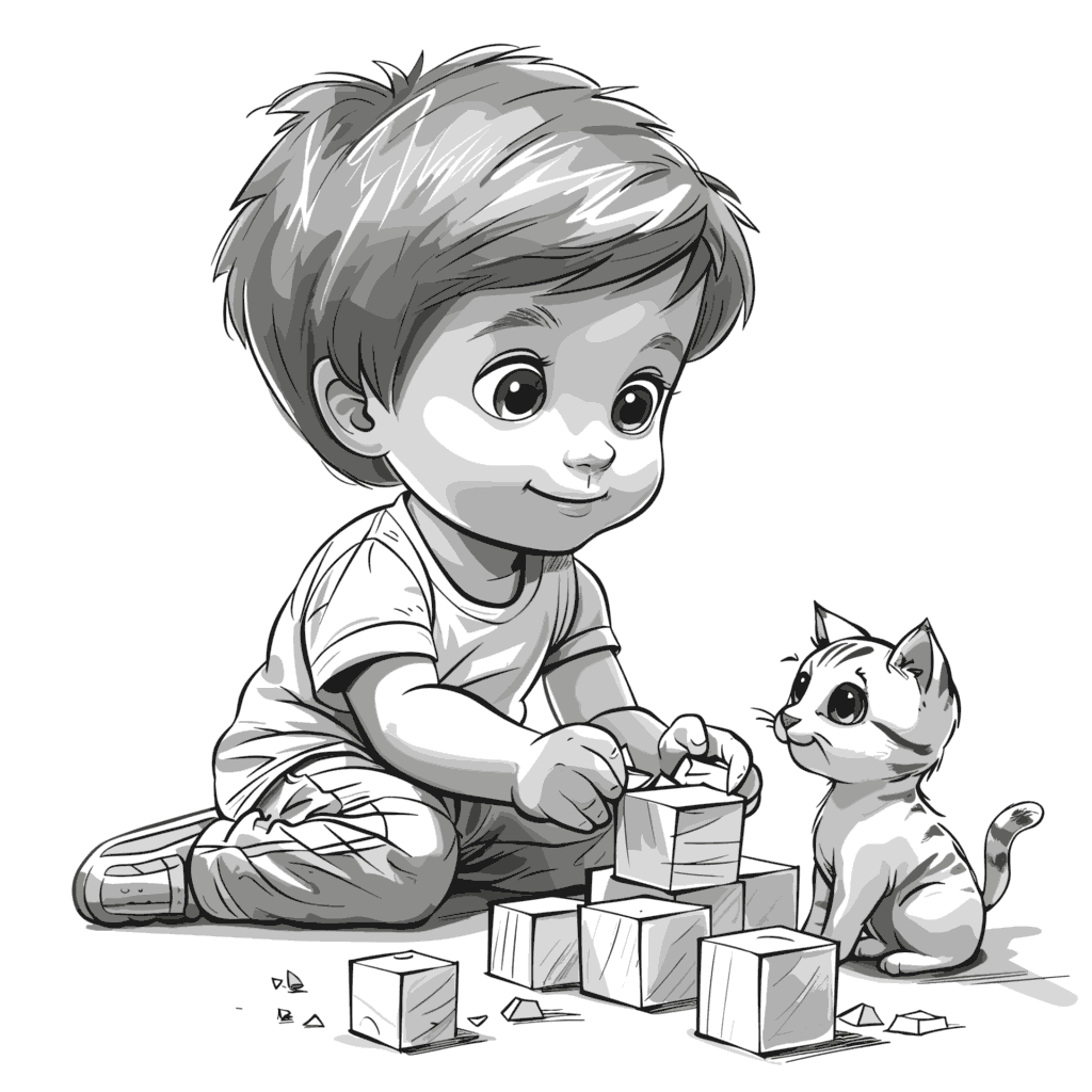 男の子が積み木で遊ぶのを猫が見てる無料塗り絵 プリントしてダウンロードできます