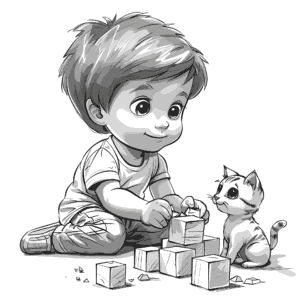 男の子が積み木で遊ぶのを猫が見てる無料塗り絵 プリントしてダウンロードできます