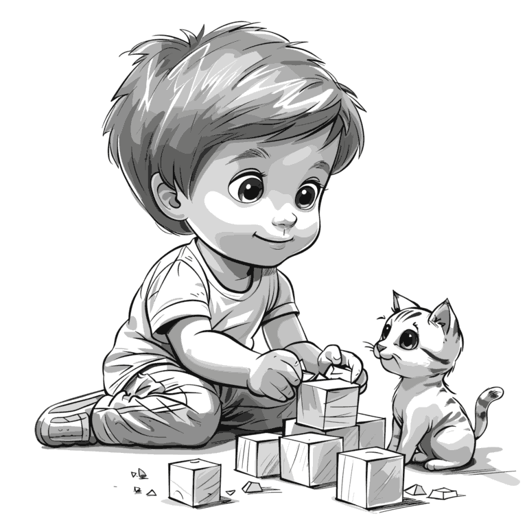 男の子と子猫が積み木で遊ぶ様子の塗り絵イラスト