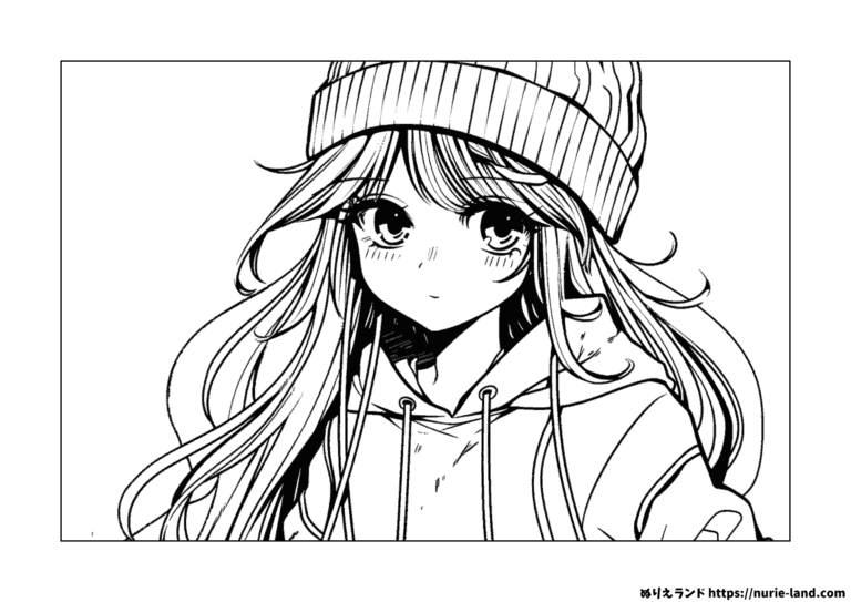 ニット帽×パーカーの塗り絵イラスト 白黒(無料・印刷用)