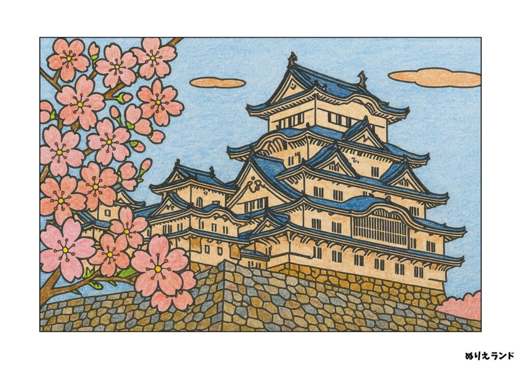 春の姫路城の塗り絵イラスト カラー見本（無料・印刷OK）