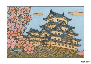 春の姫路城の塗り絵イラスト カラー見本（無料・印刷OK）