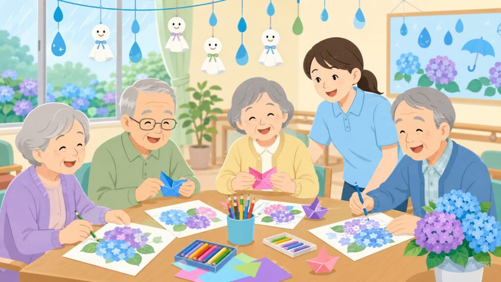 6月のデイサービスレク10選｜準備10分・梅雨から父の日まで現場目線で紹介の塗り絵イラスト カラー見本（無料・印刷OK）