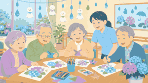 6月のデイサービスレクリエーション あじさい工作・父の日・梅雨クイズのイラスト