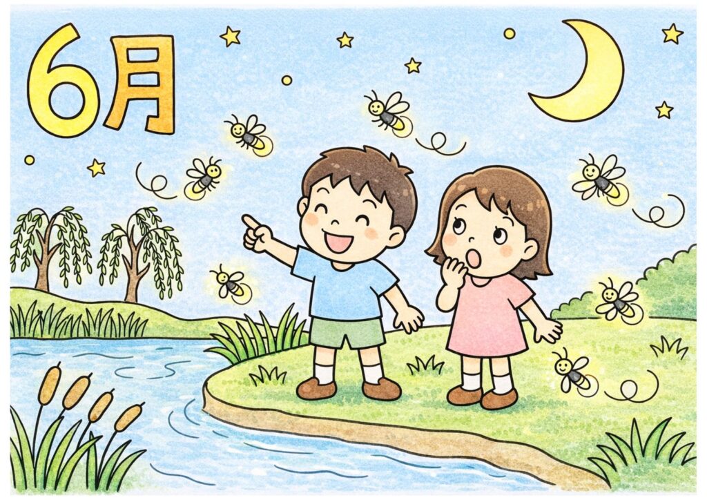 6月のホタル鑑賞の塗り絵イラスト カラー見本（無料・印刷OK）