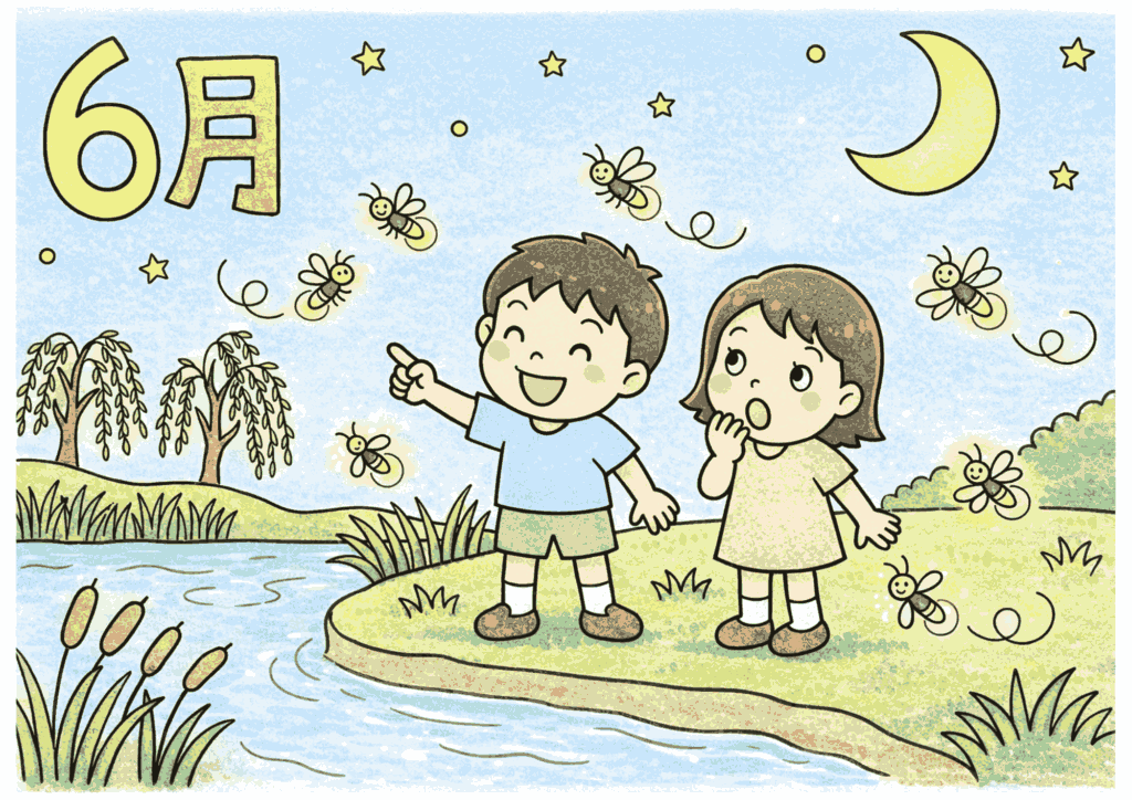 ホタルの風景 6月 見本付き塗り絵 高齢者向け無料ダウンロード