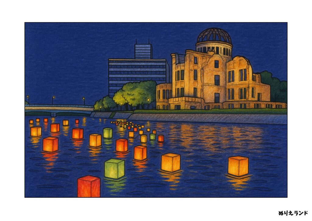 広島 原爆ドームと灯籠流しの塗り絵イラスト カラー見本（無料・印刷OK）