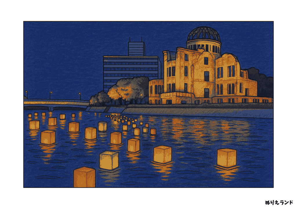 広島 原爆ドームと灯籠流しの塗り絵【見本付き】高齢者向け無料素材
