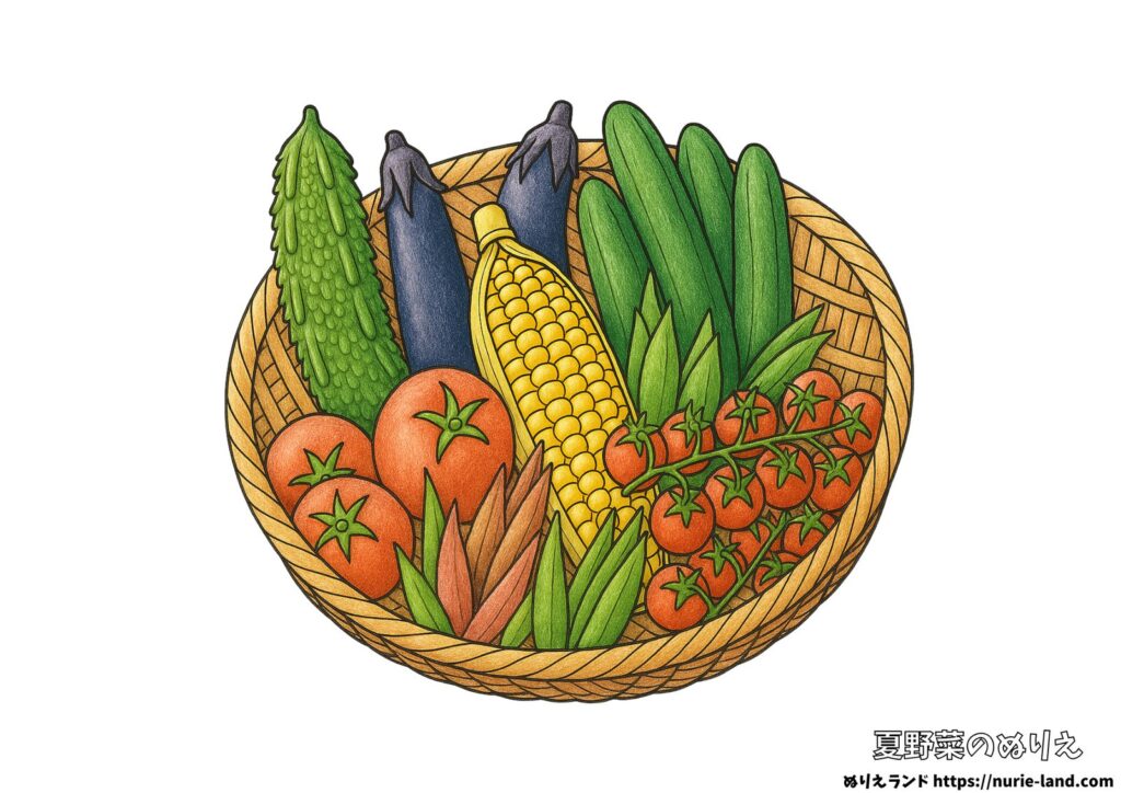 7月・8月にぴったりの夏野菜ぬりえ見本付の塗り絵イラスト カラー見本（無料・印刷OK）