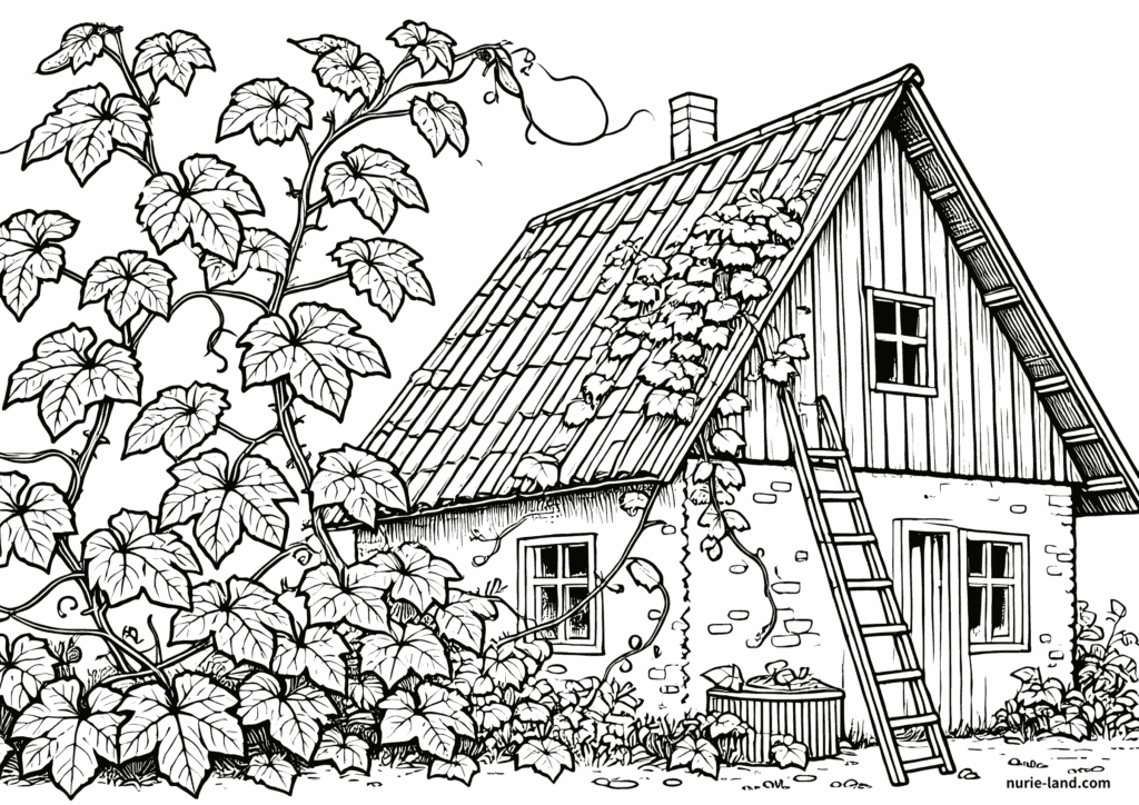 キュウリが屋根まで伸びているの塗り絵 簡単な高齢者用 プリントしてダウンロードできます