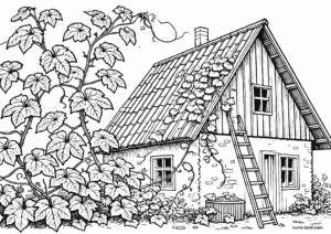 キュウリが屋根まで伸びているの塗り絵 簡単な高齢者用 プリントしてダウンロードできます