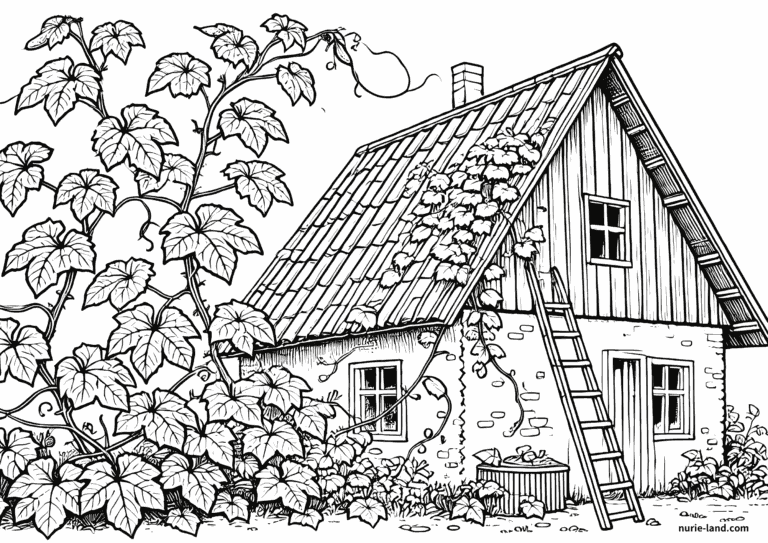 キュウリが屋根まで伸びているの塗り絵イラスト 白黒(無料・印刷用)