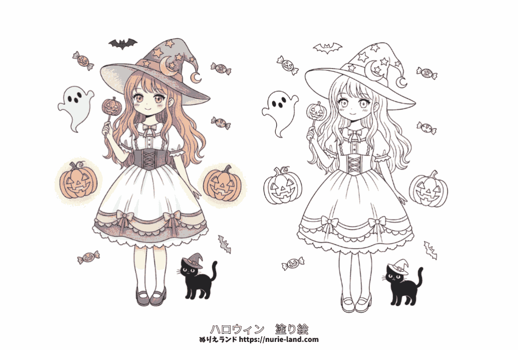 魔女コスプレの女の子ぬりえ｜ハロウィンを楽しむかわいい塗り絵素材／無料ダウンロード