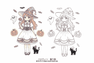 魔女コスプレの女の子ぬりえ｜ハロウィンを楽しむかわいい塗り絵素材／無料ダウンロード