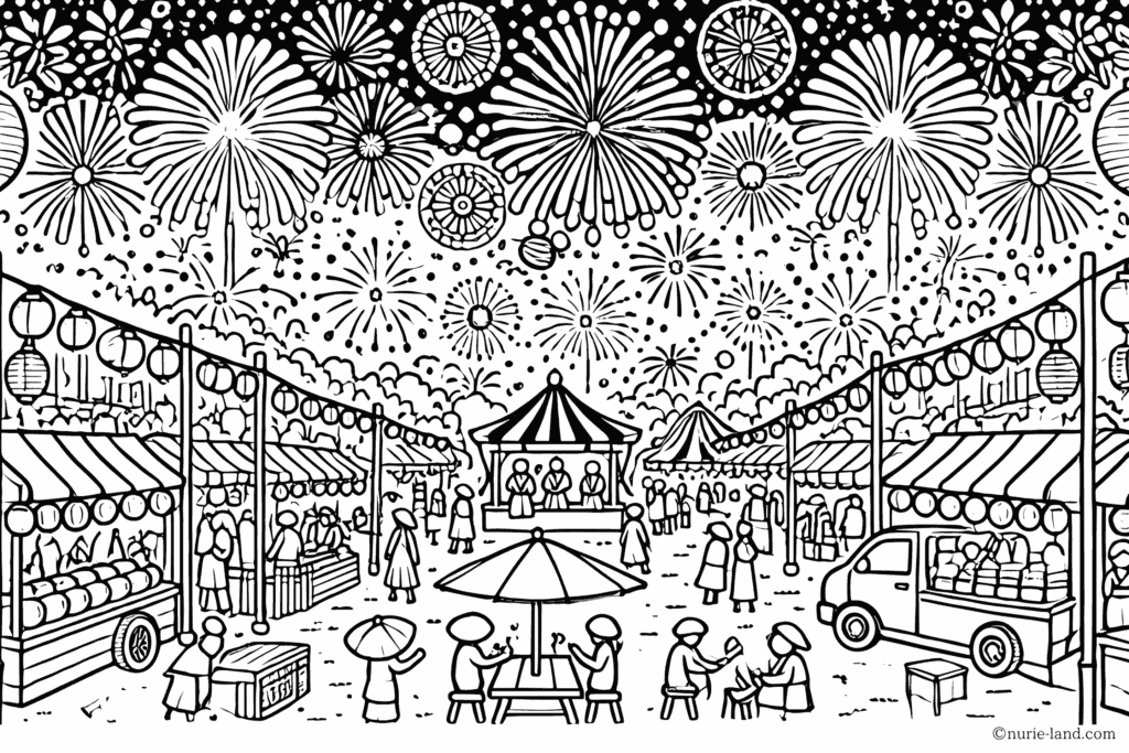 お祭りと花火の塗り絵 簡単な高齢者用 プリントしてダウンロードできます