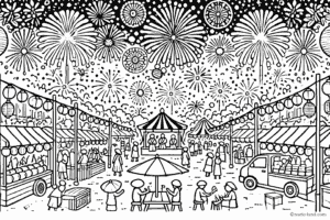 お祭りと花火の塗り絵 簡単な高齢者用 プリントしてダウンロードできます