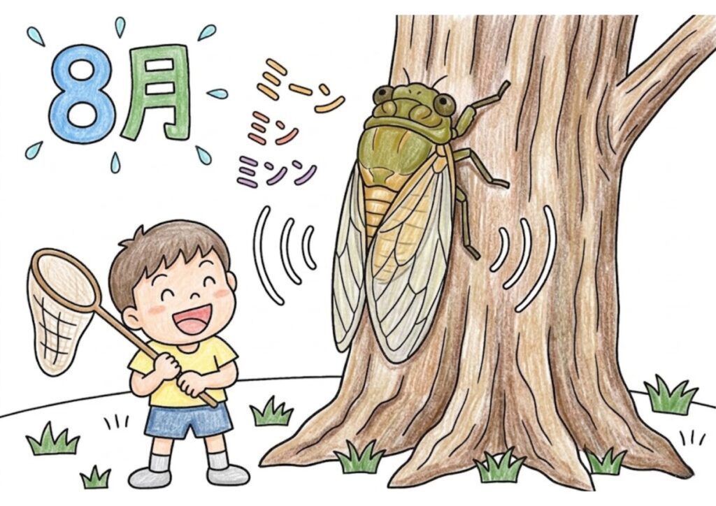 8月の蝉取り（セミ）の塗り絵イラスト カラー見本（無料・印刷OK）