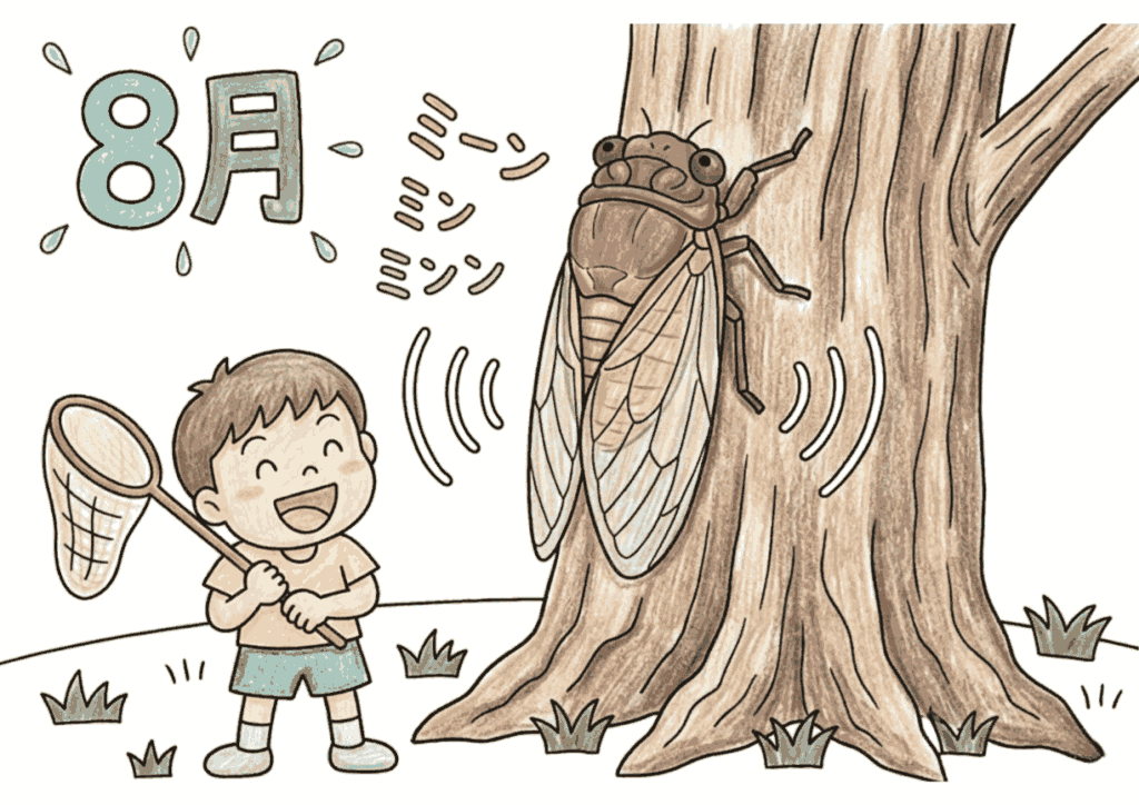 8月の蝉取り 木に止まった蝉と虫取り網を持つ男の子の塗り絵 カラー見本