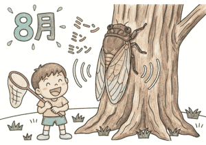 8月の蝉取り 木に止まった蝉と虫取り網を持つ男の子の塗り絵 カラー見本