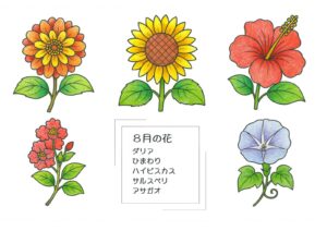 8月の花の塗り絵イラスト カラー見本（無料・印刷OK）
