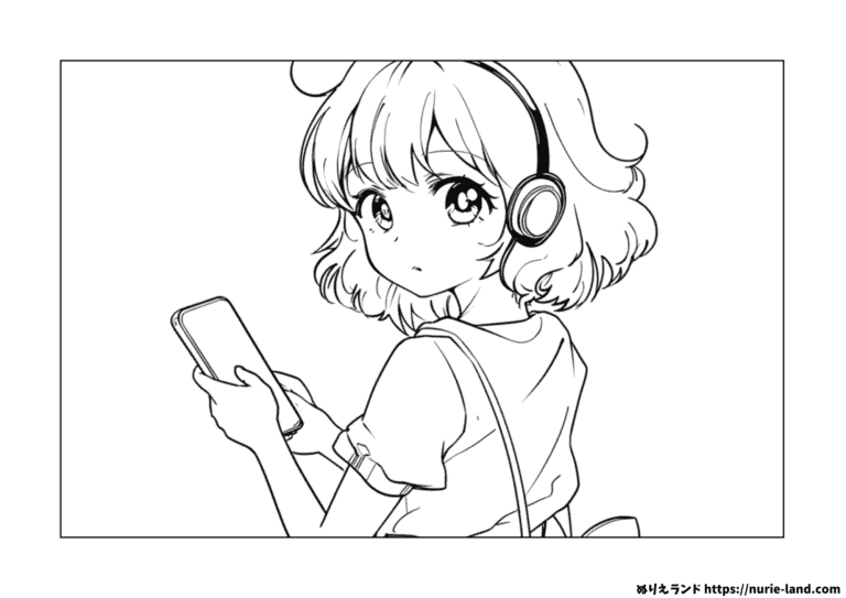 ヘッドホン女子の塗り絵イラスト 白黒（無料・印刷用）