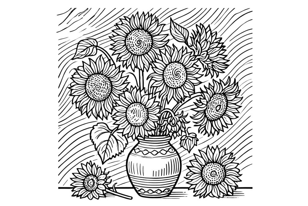 ゴッホのひまわりをモチーフにした塗り絵 簡単な高齢者用 プリントしてダウンロードできます