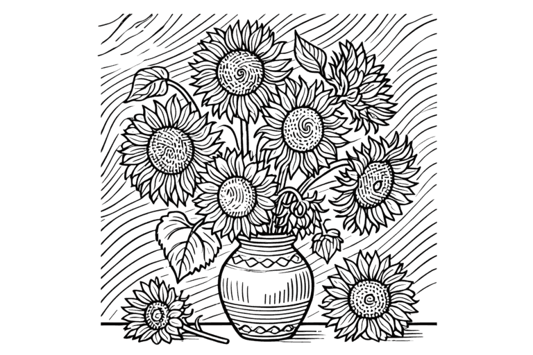 ゴッホ風ひまわりの塗り絵イラスト 白黒（無料・印刷用）