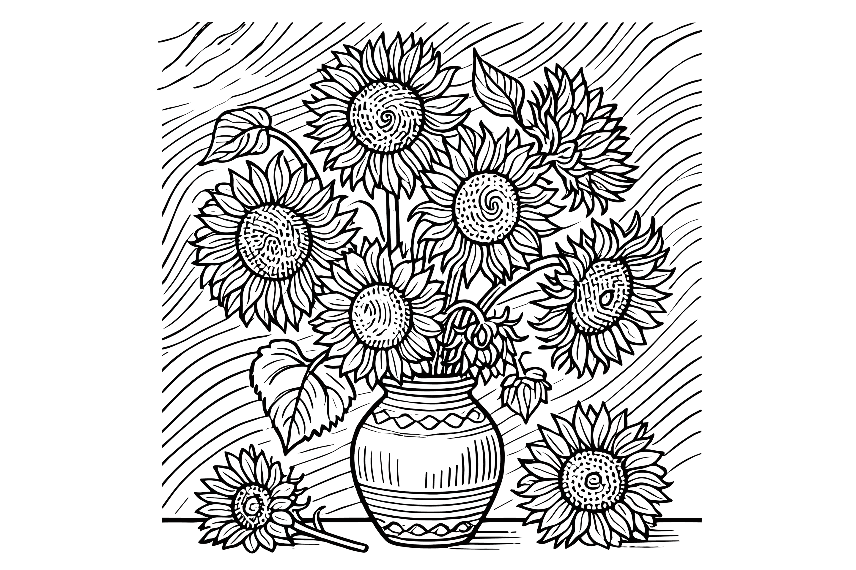 ゴッホのひまわりをモチーフにした塗り絵 簡単な高齢者用 プリントしてダウンロードできます