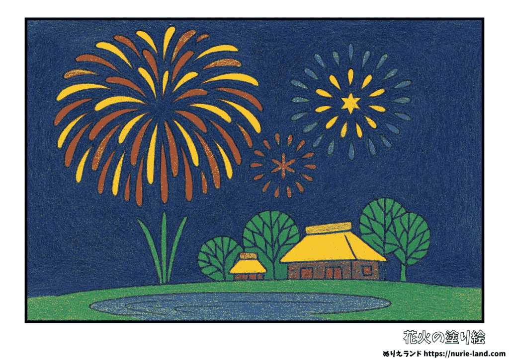 花火の塗り絵｜7月の夜空を彩る夏の風景｜高齢者向け無料ダウンロード