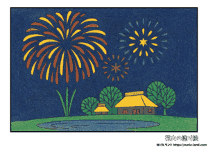 花火の塗り絵｜7月の夜空を彩る夏の風景｜高齢者向け無料ダウンロード