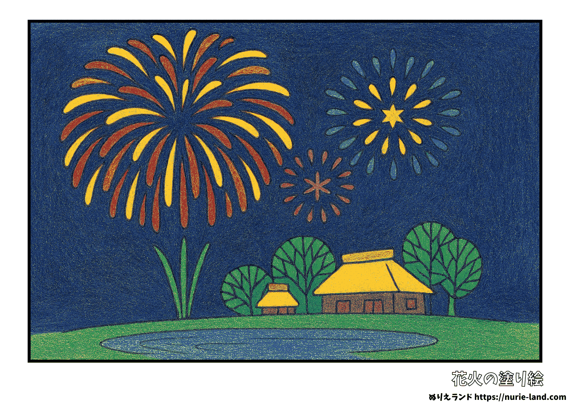 花火の塗り絵|7月の夜空を彩る夏の風景|高齢者向け無料ダウンロード