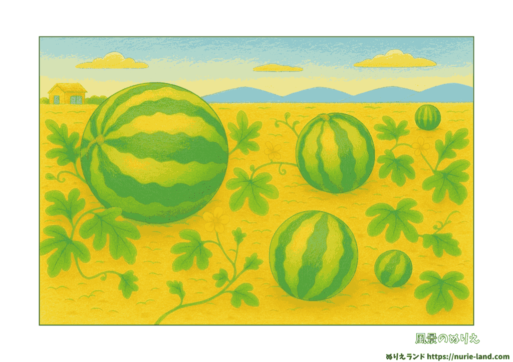スイカ畑の風景塗り絵｜高齢者向けリアル構図が無料ダウンロード＆プリントOK