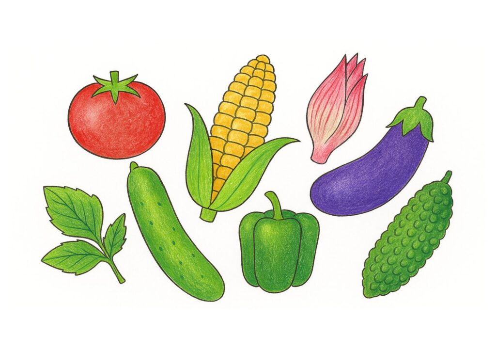夏野菜 塗り絵 見本付きの塗り絵イラスト カラー見本（無料・印刷OK）