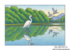 白鷺の塗り絵イラスト カラー見本（無料・印刷OK）