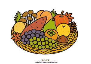 秋の収穫かごのぬりえ｜秋の味覚（さつまいも・柿・ぶどう・栗）を描いた高齢者向け無料素材｜9月10月11月に最適、見本付き