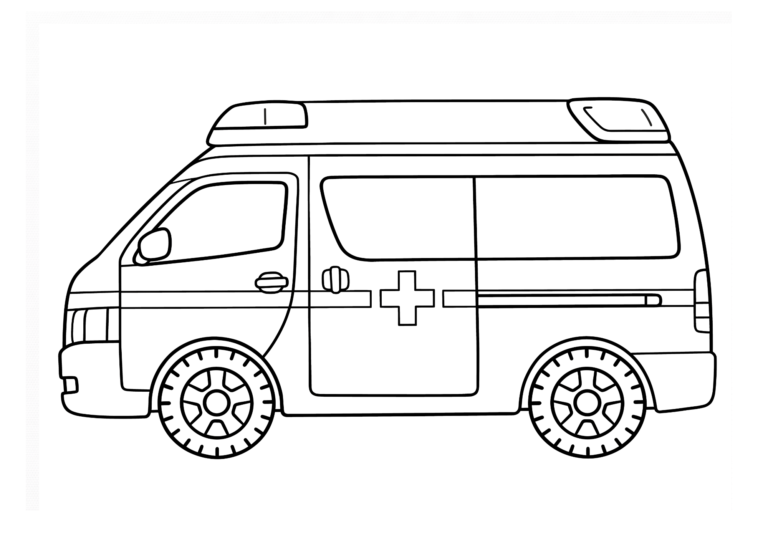 Ambulance coloring page, black and white line art, free printable
