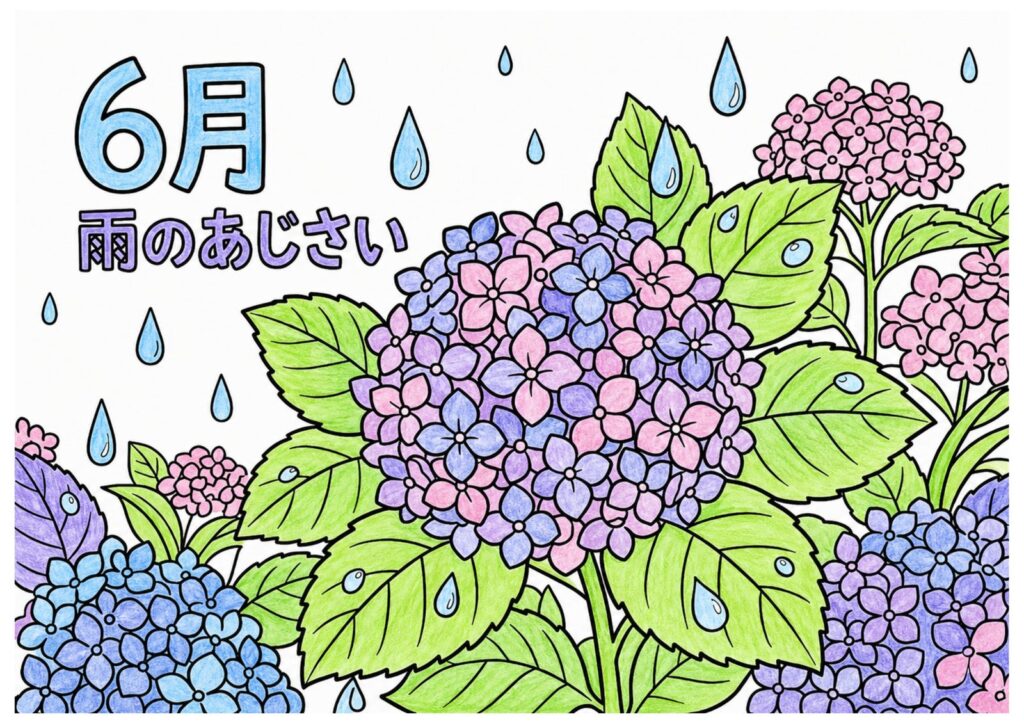 雨の紫陽花（あじさい）の塗り絵イラスト カラー見本（無料・印刷OK）
