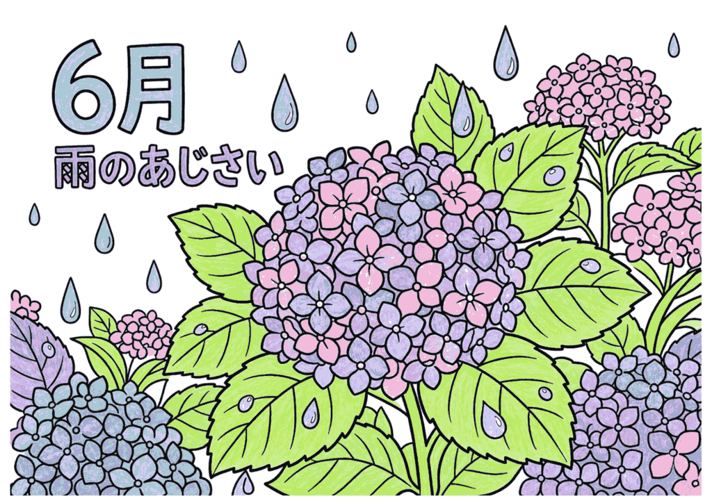雨の紫陽花（あじさい）の無料塗り絵