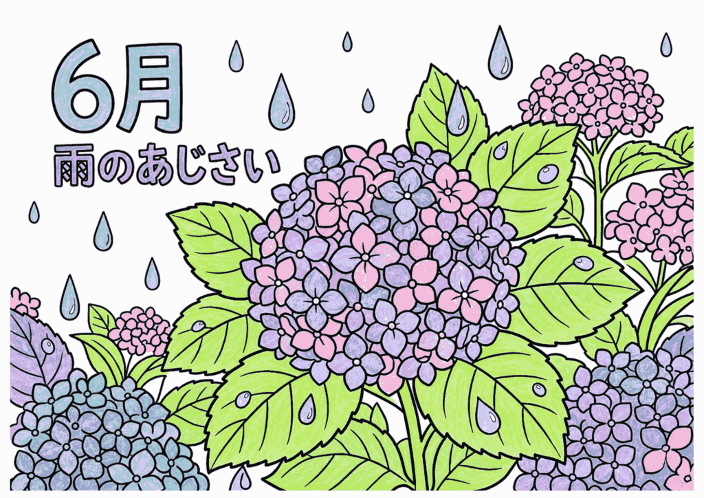 雨の紫陽花（あじさい）の塗り絵 カラー見本