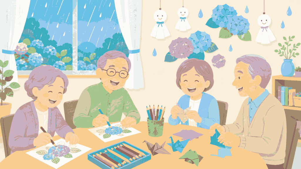 雨の日に室内で楽しむ高齢者のイラスト 塗り絵・折り紙・風船バレー