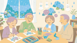 雨の日に室内で楽しむ高齢者のイラスト 塗り絵・折り紙・風船バレー