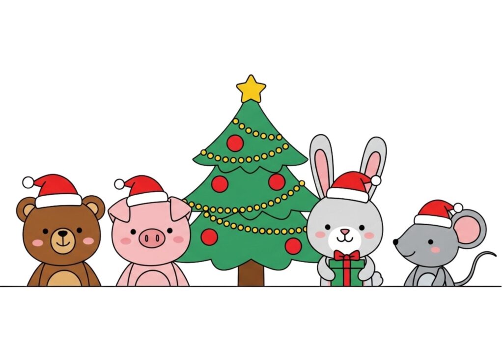 クリスマスツリーと動物たちの塗り絵イラスト カラー見本（無料・印刷OK）
