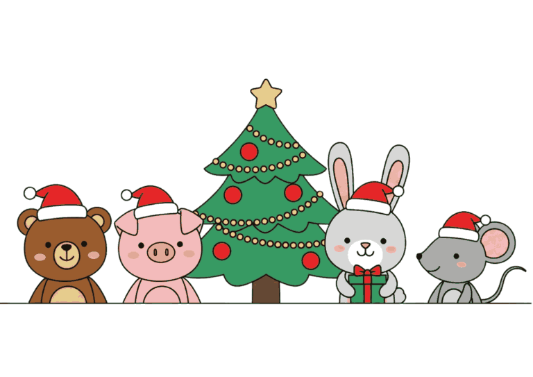 クリスマスツリーと動物たちの塗り絵イラスト