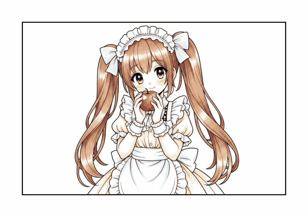 りんごを持つ女の子の塗り絵画像｜無料ダウンロードできる白黒イラストのフリー画像素材