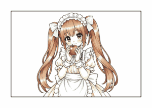 りんごを持つ女の子の塗り絵画像｜無料ダウンロードできる白黒イラストのフリー画像素材