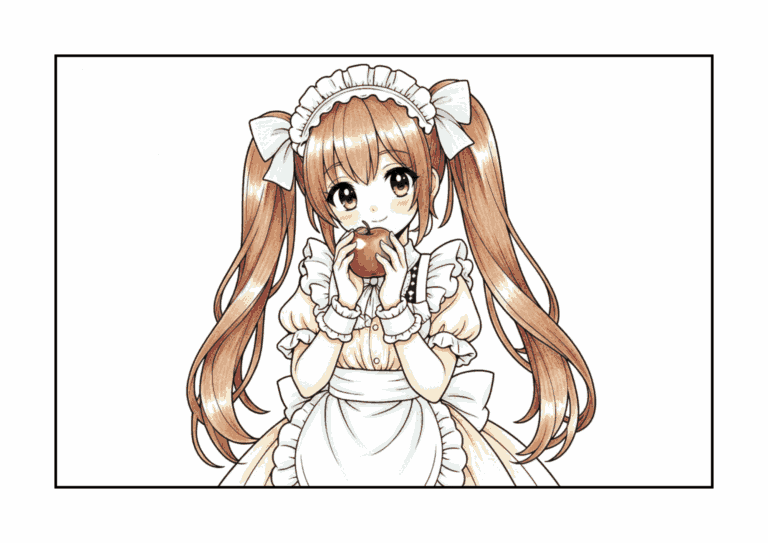 かわいい女の子とりんごの塗り絵イラスト