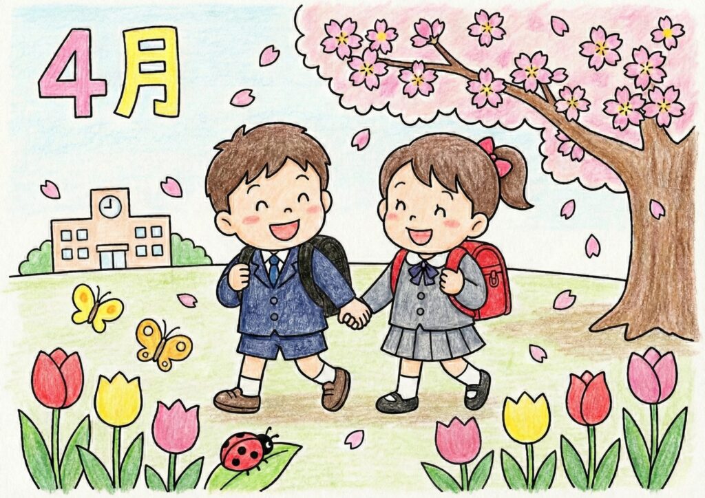 4月の入学式と桜の塗り絵イラスト カラー見本（無料・印刷OK）