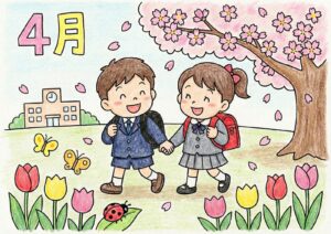 4月の入学式と桜の塗り絵イラスト カラー見本（無料・印刷OK）